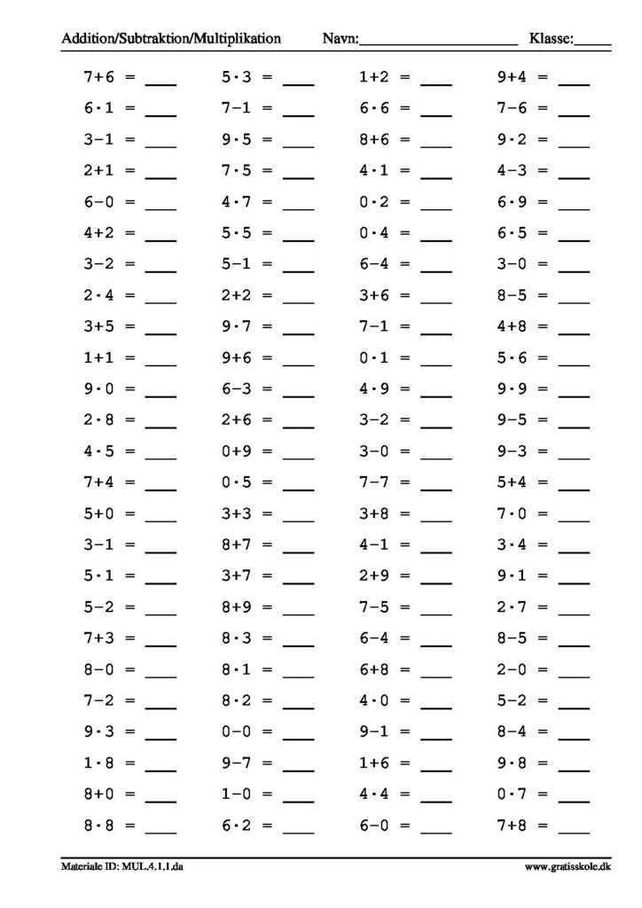 Matematik Sm Gange Minus Og Plusstykker Gratis Materiale Til Print 